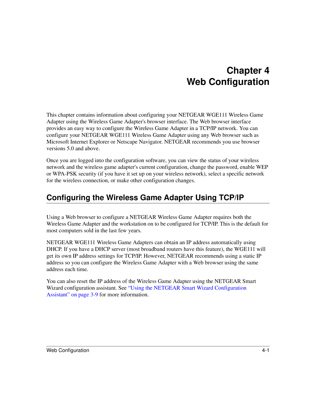 NETGEAR WGE111 user manual Chapter Web Configuration, Configuring the Wireless Game Adapter Using TCP/IP 