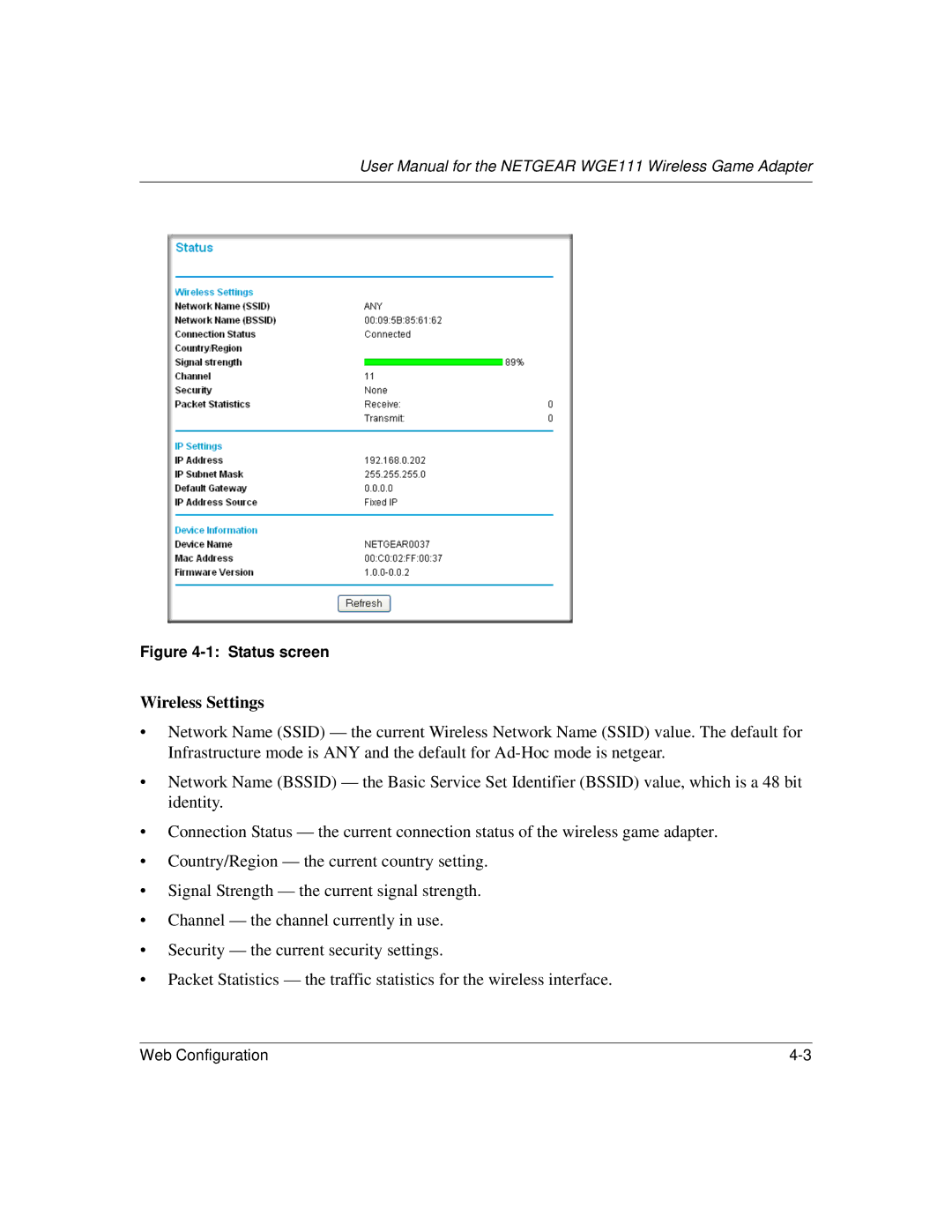 NETGEAR WGE111 user manual Wireless Settings, Status screen 