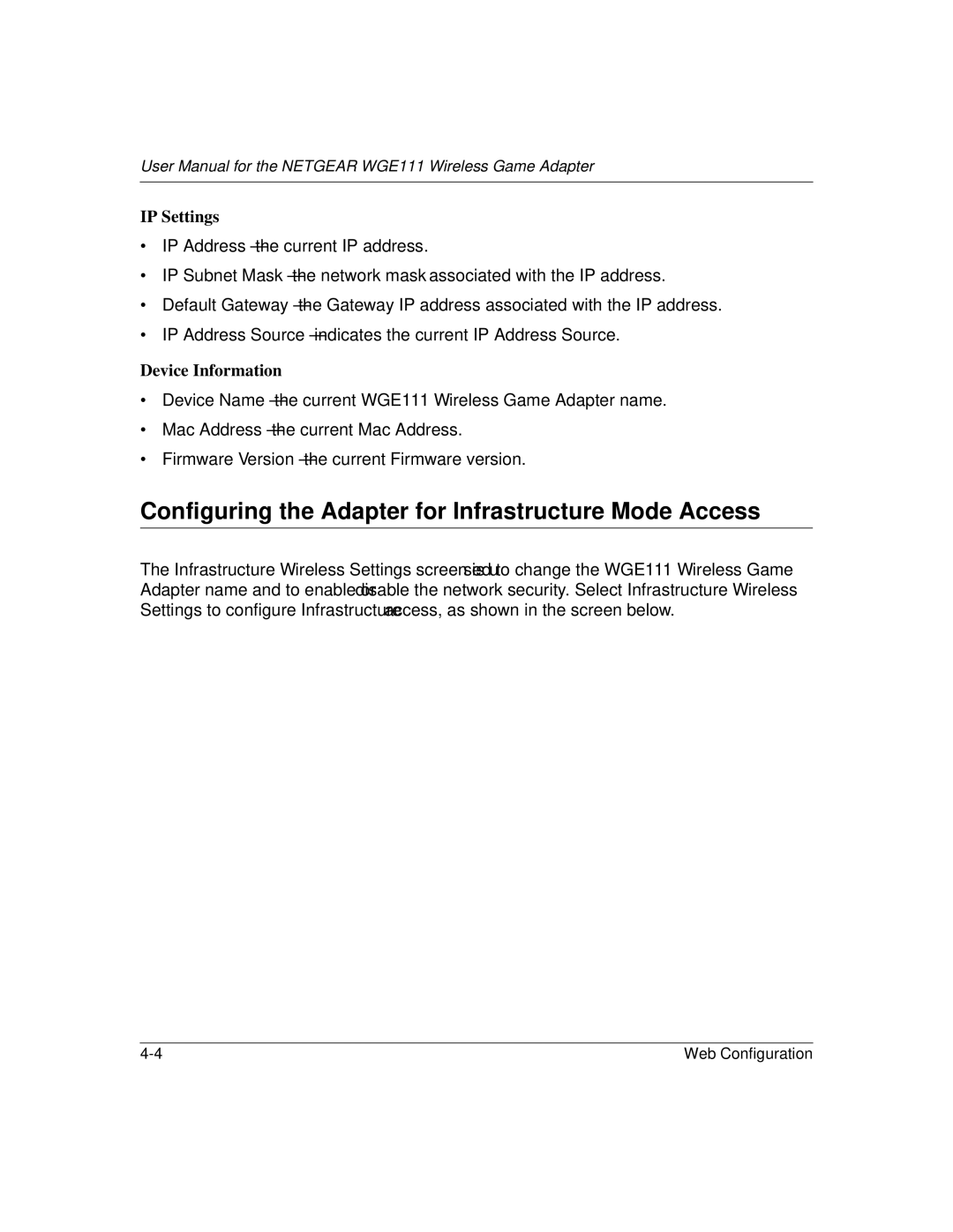 NETGEAR WGE111 user manual Configuring the Adapter for Infrastructure Mode Access, IP Settings, Device Information 