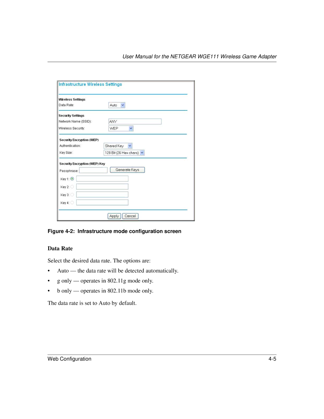 NETGEAR WGE111 user manual Data Rate, Infrastructure mode configuration screen 