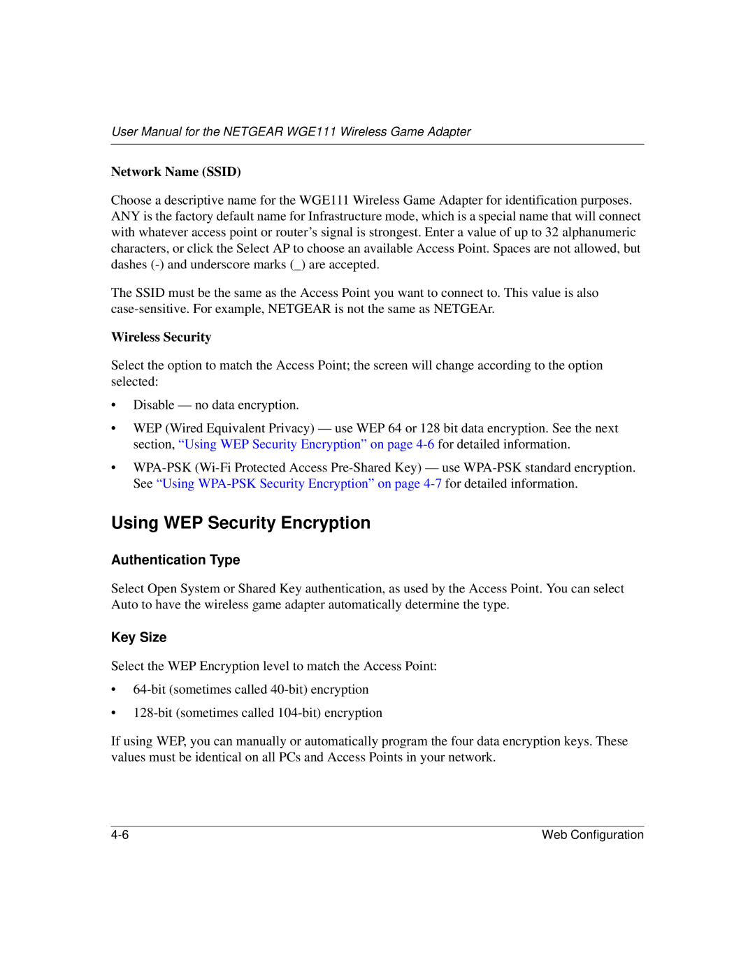 NETGEAR WGE111 Using WEP Security Encryption, Network Name Ssid, Wireless Security, Authentication Type, Key Size 