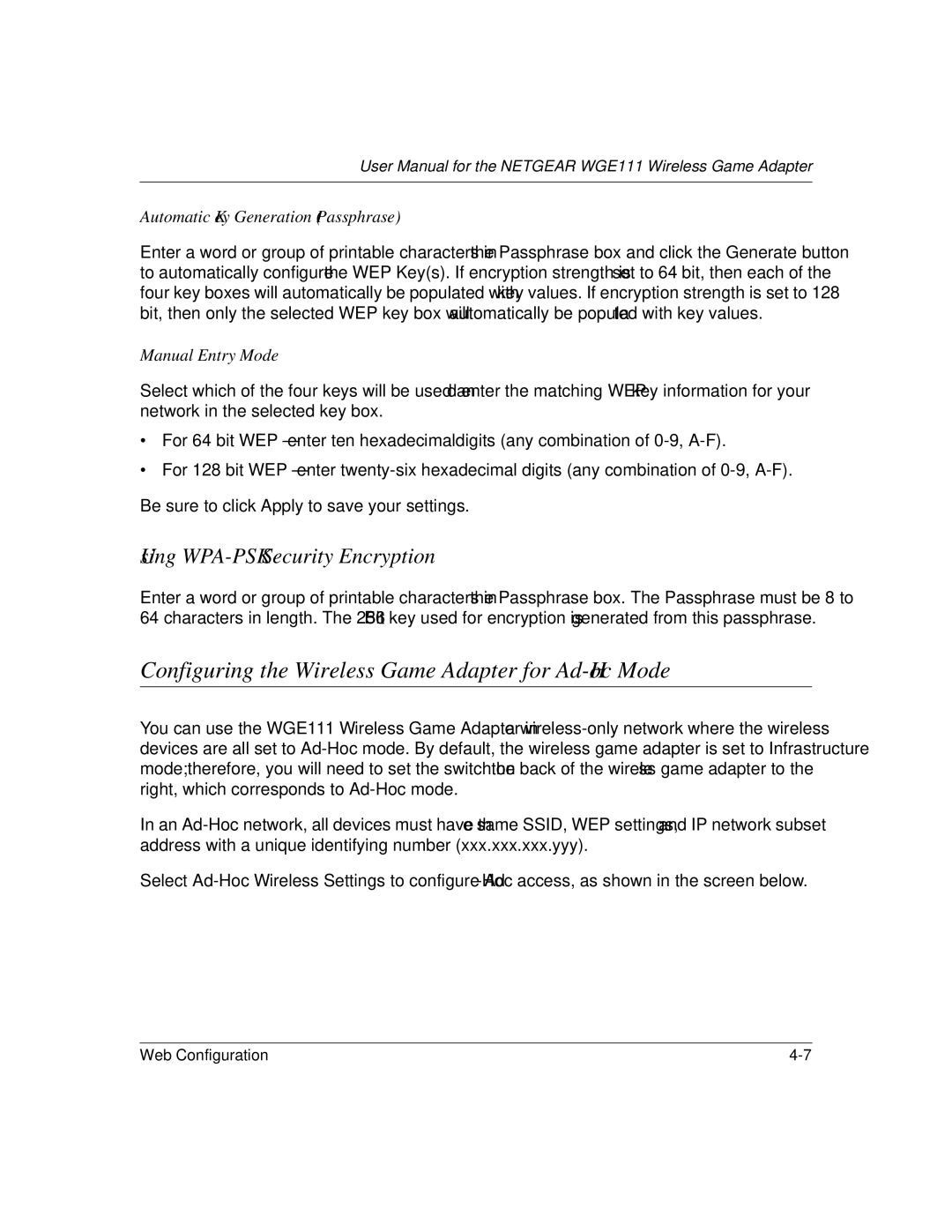NETGEAR WGE111 Configuring the Wireless Game Adapter for Ad-Hoc Mode, Using WPA-PSK Security Encryption, Manual Entry Mode 