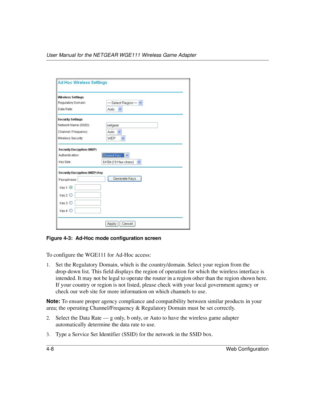 NETGEAR WGE111 user manual Ad-Hoc mode configuration screen 