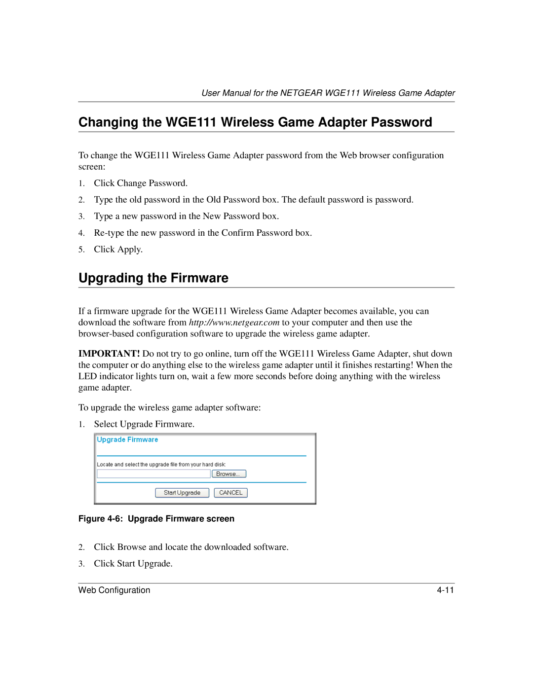 NETGEAR user manual Changing the WGE111 Wireless Game Adapter Password, Upgrading the Firmware 