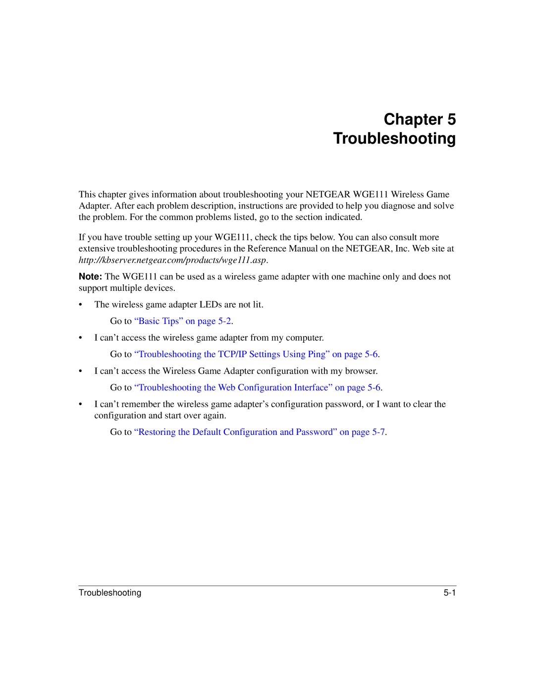 NETGEAR WGE111 user manual Chapter Troubleshooting, Go to Troubleshooting the TCP/IP Settings Using Ping on 