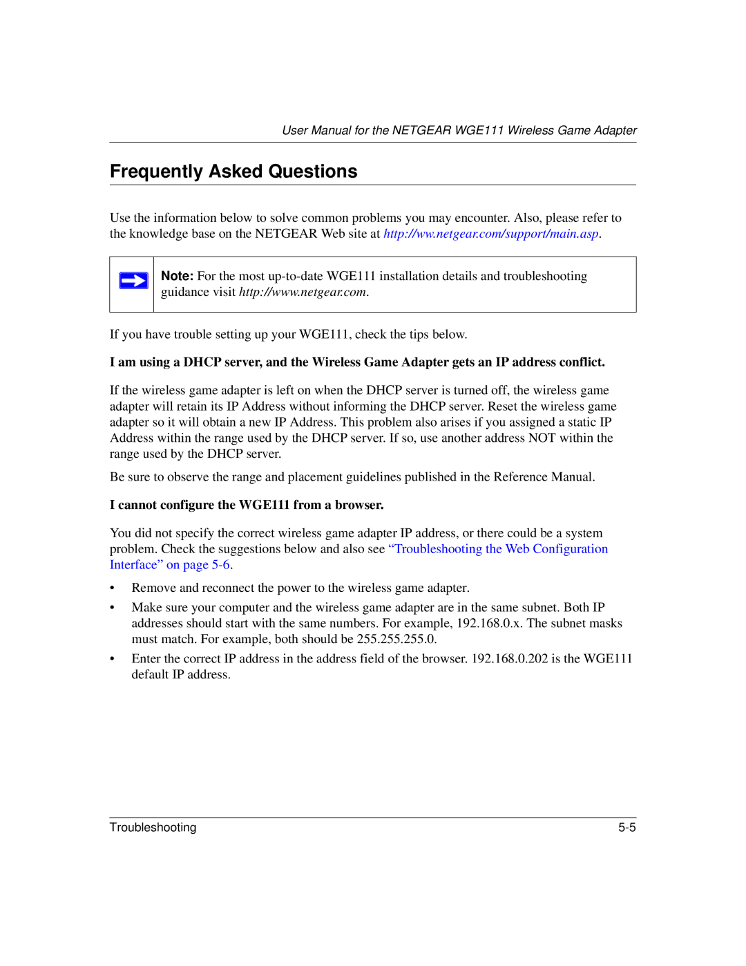 NETGEAR user manual Frequently Asked Questions, Cannot configure the WGE111 from a browser 