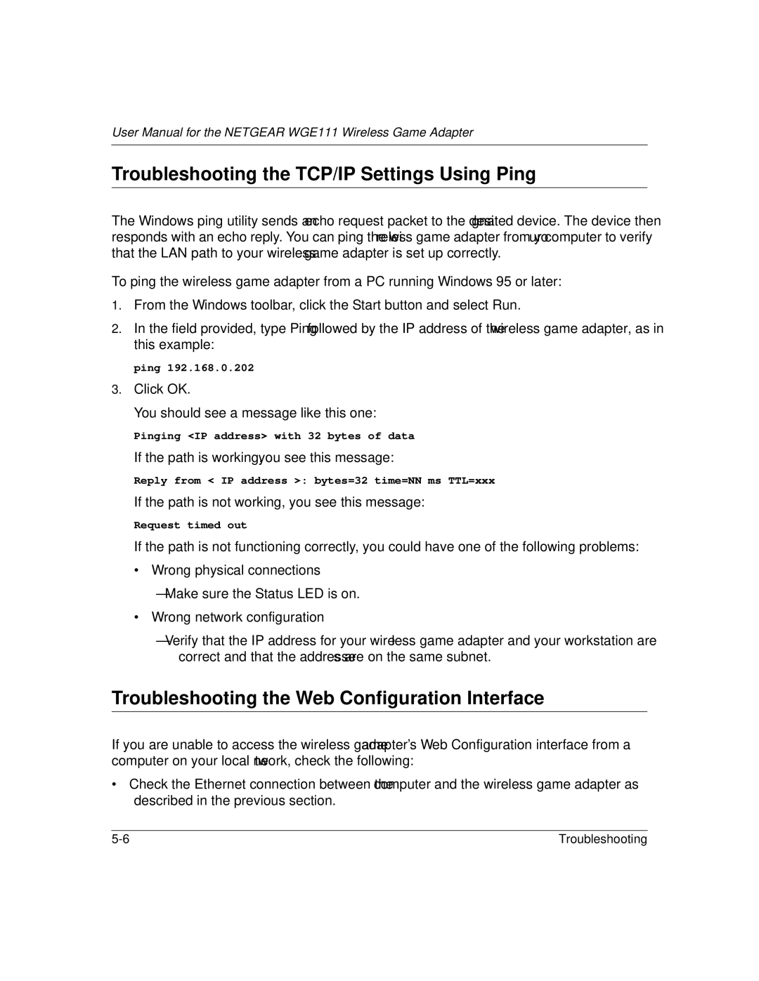 NETGEAR WGE111 user manual Troubleshooting the TCP/IP Settings Using Ping, Troubleshooting the Web Configuration Interface 