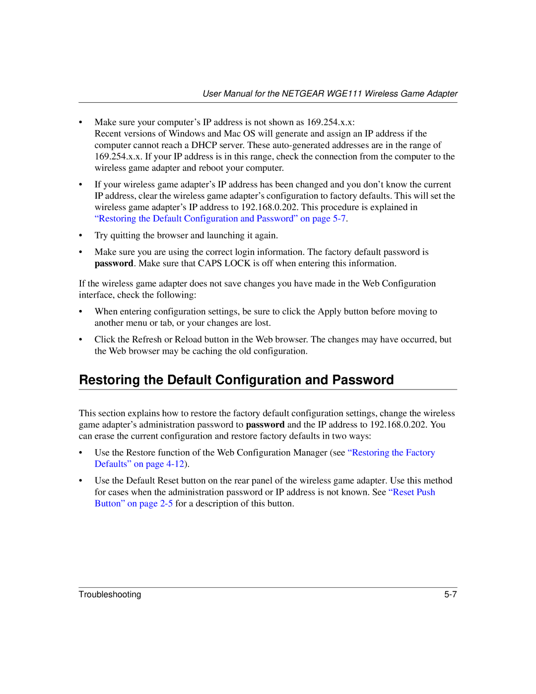 NETGEAR WGE111 user manual Restoring the Default Configuration and Password 