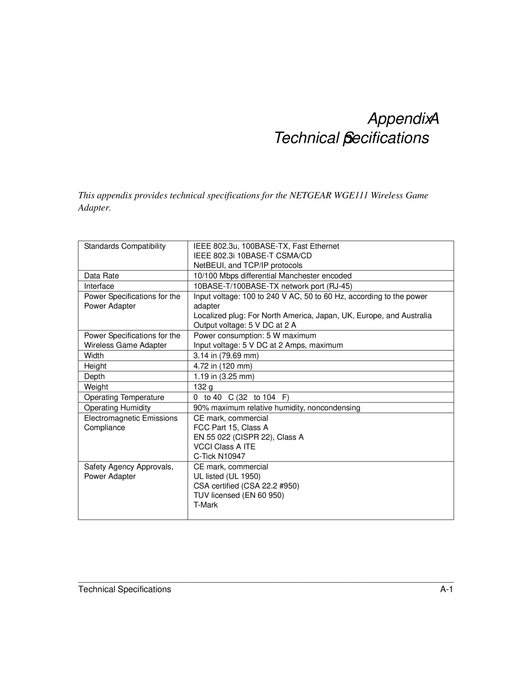 NETGEAR WGE111 user manual Appendix a Technical Specifications 