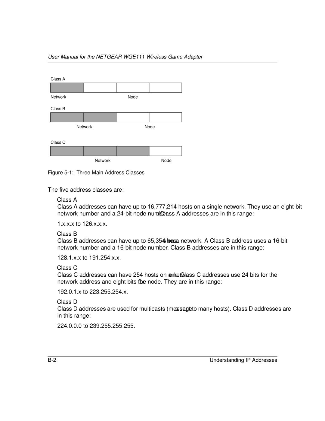 NETGEAR WGE111 user manual Three Main Address Classes 