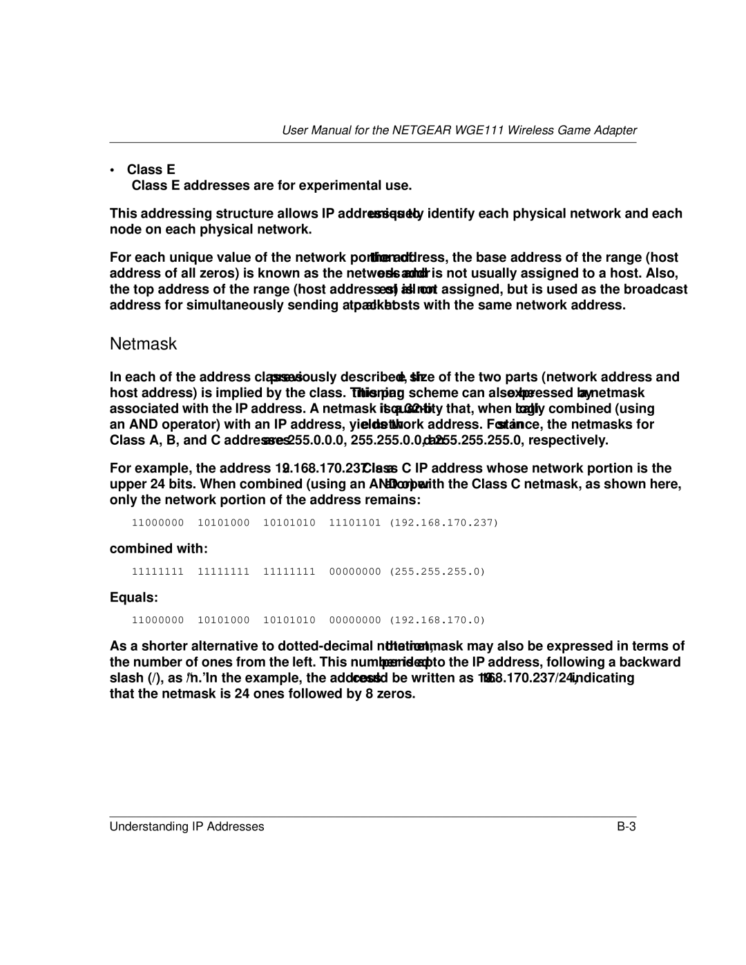 NETGEAR WGE111 user manual Netmask 