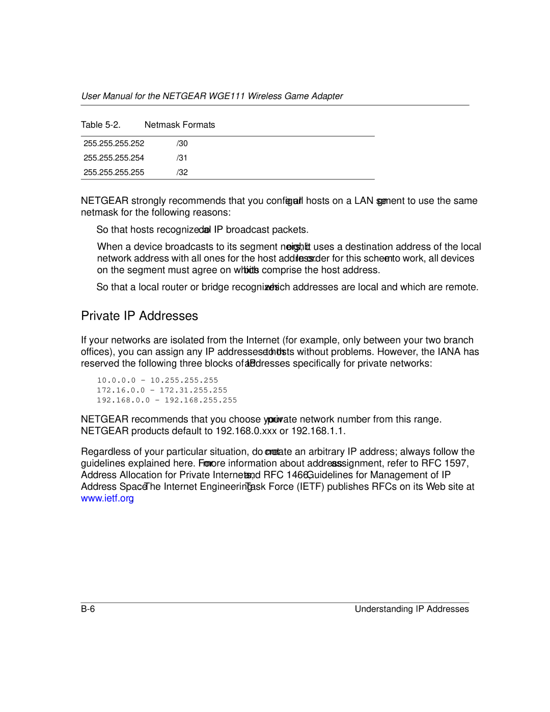 NETGEAR WGE111 user manual Private IP Addresses 