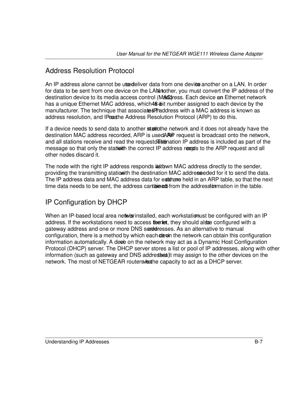 NETGEAR WGE111 user manual Address Resolution Protocol, IP Configuration by Dhcp 