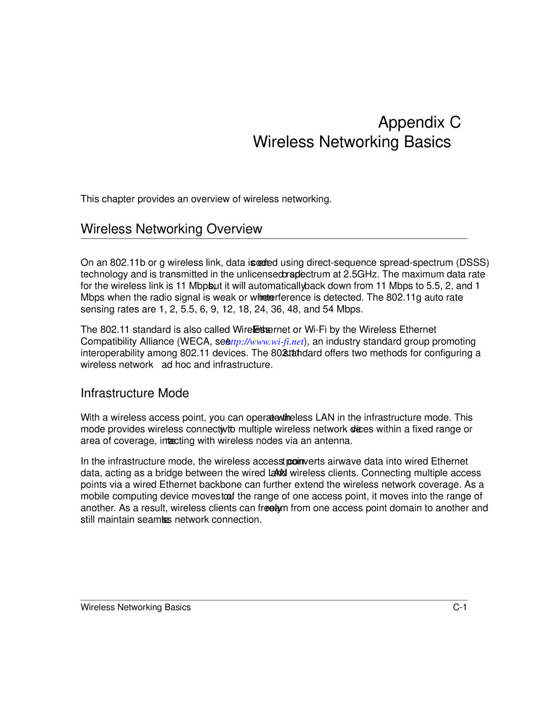 NETGEAR WGE111 user manual Appendix C Wireless Networking Basics, Wireless Networking Overview, Infrastructure Mode 