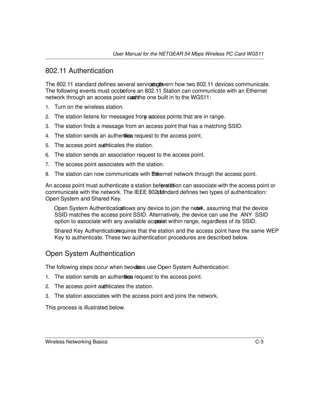 NETGEAR WGE111 user manual Open System Authentication 