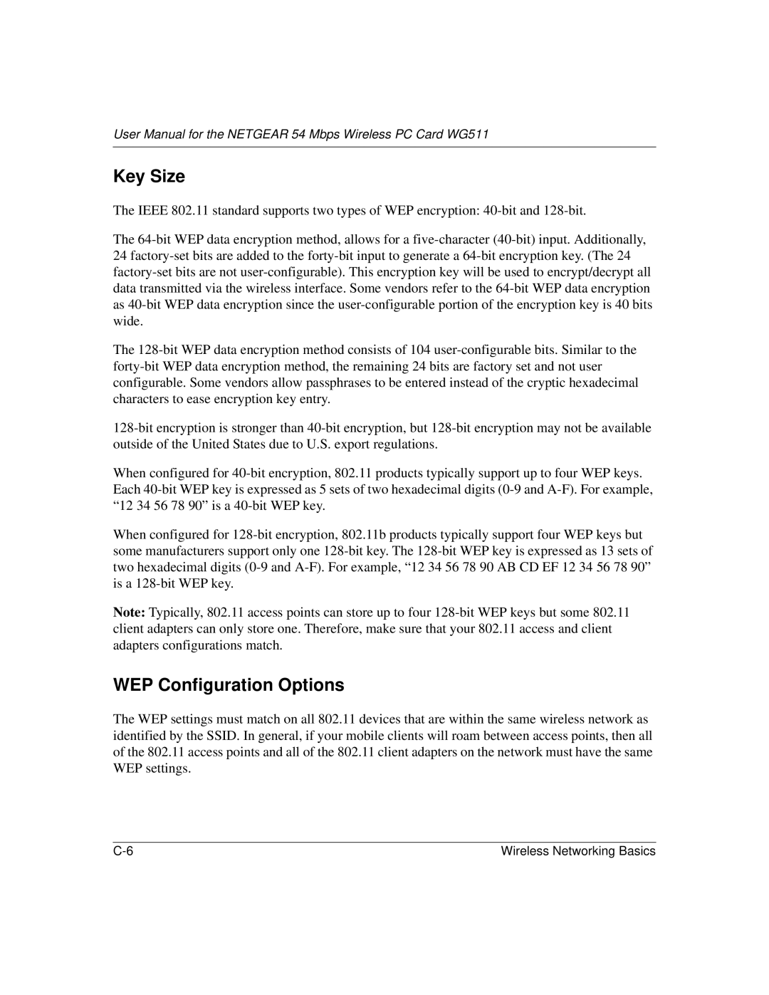 NETGEAR WGE111 user manual Key Size, WEP Configuration Options 