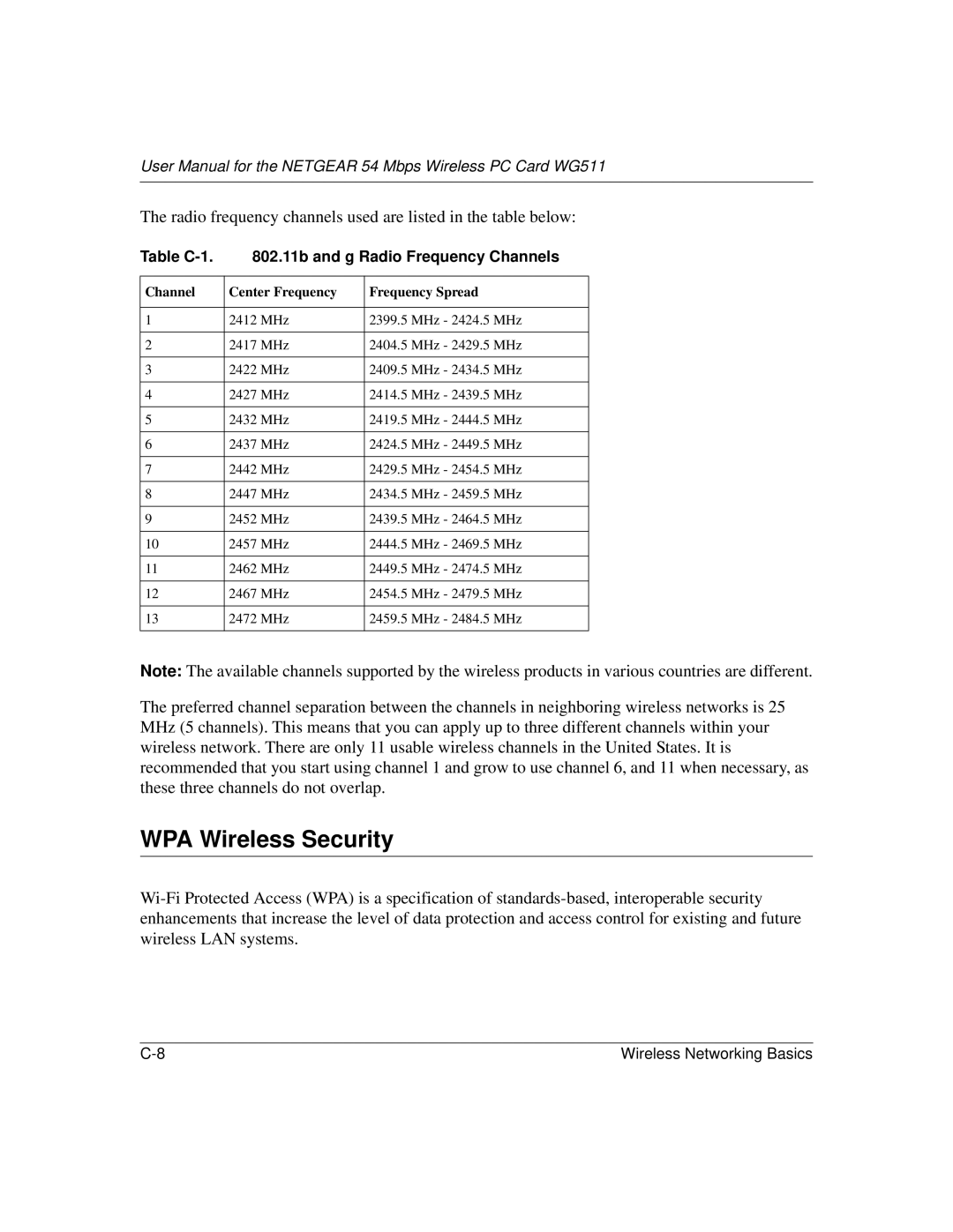 NETGEAR WGE111 user manual WPA Wireless Security, Radio frequency channels used are listed in the table below 