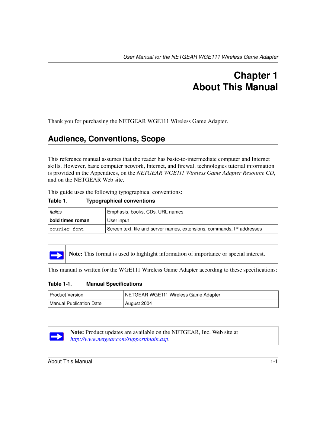 NETGEAR WGE111 user manual Chapter About This Manual, Audience, Conventions, Scope 