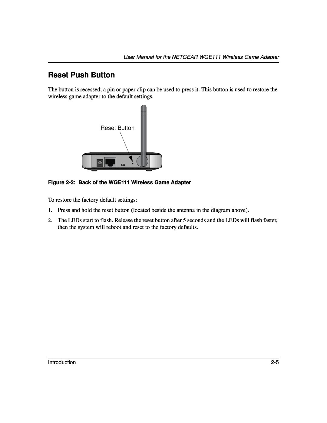 NETGEAR WGE111 user manual Reset Push Button 