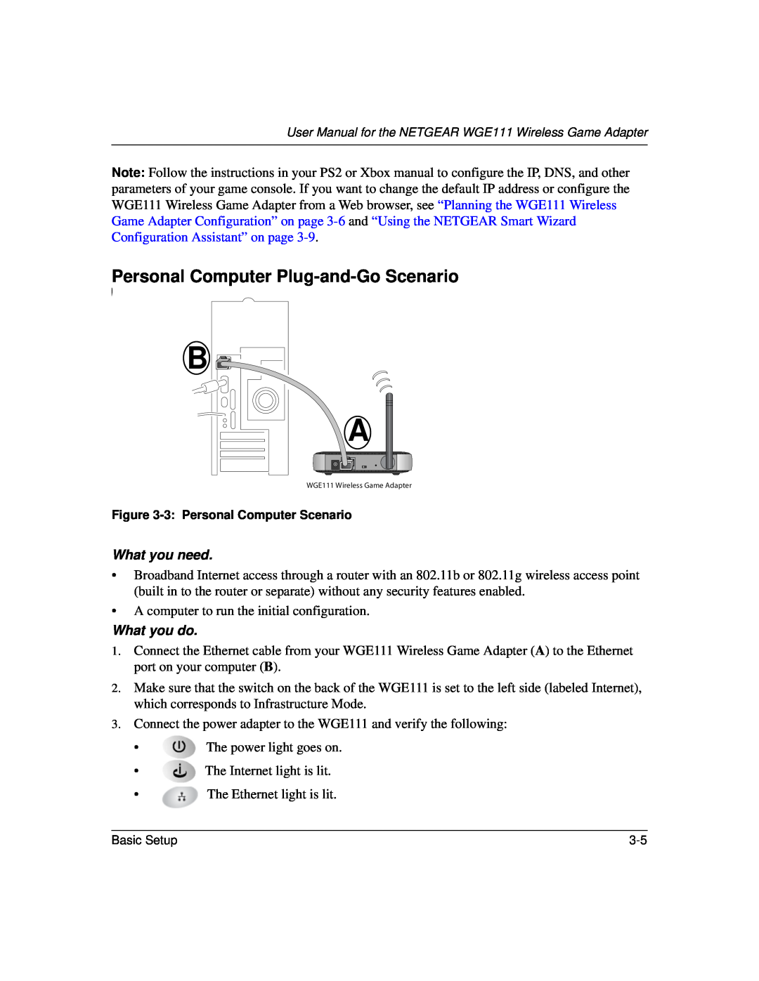 NETGEAR WGE111 user manual Personal Computer Plug-and-Go Scenario 