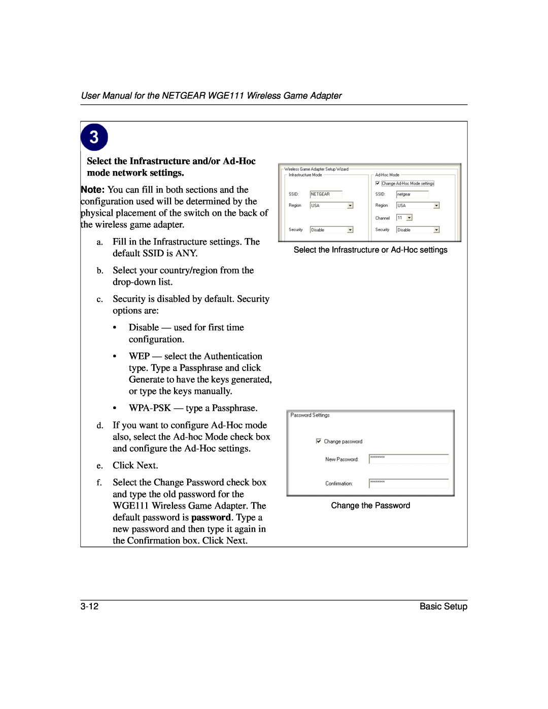 NETGEAR WGE111 user manual Select the Infrastructure and/or Ad-Hoc mode network settings 