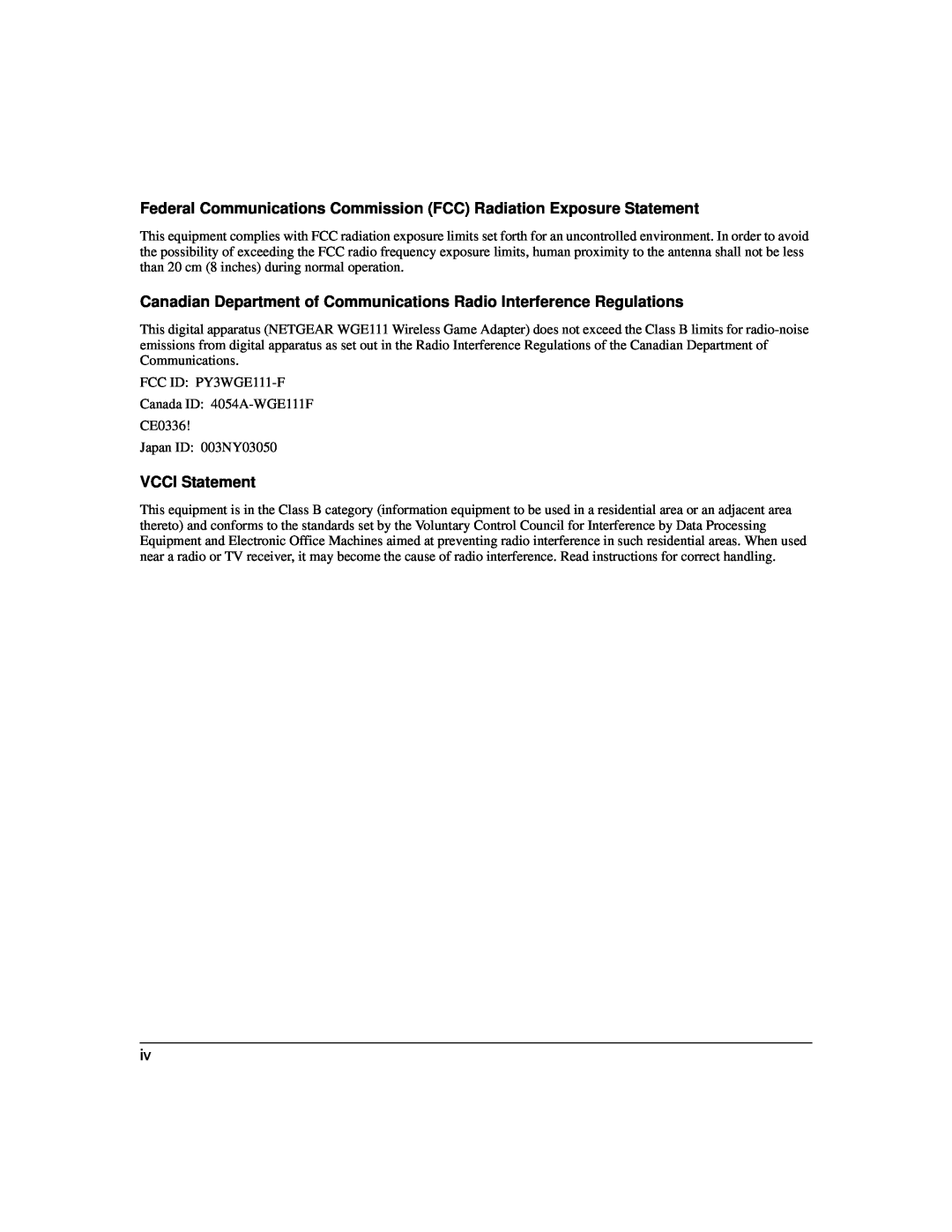 NETGEAR WGE111 user manual Federal Communications Commission FCC Radiation Exposure Statement, VCCI Statement 