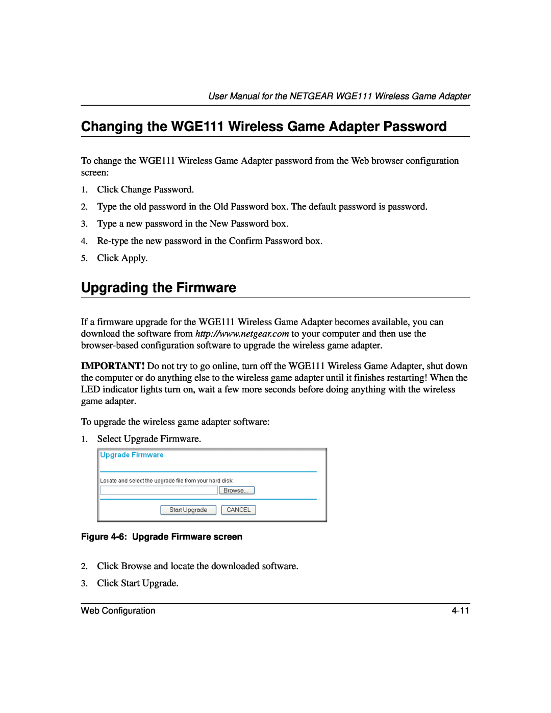 NETGEAR user manual Changing the WGE111 Wireless Game Adapter Password, Upgrading the Firmware 