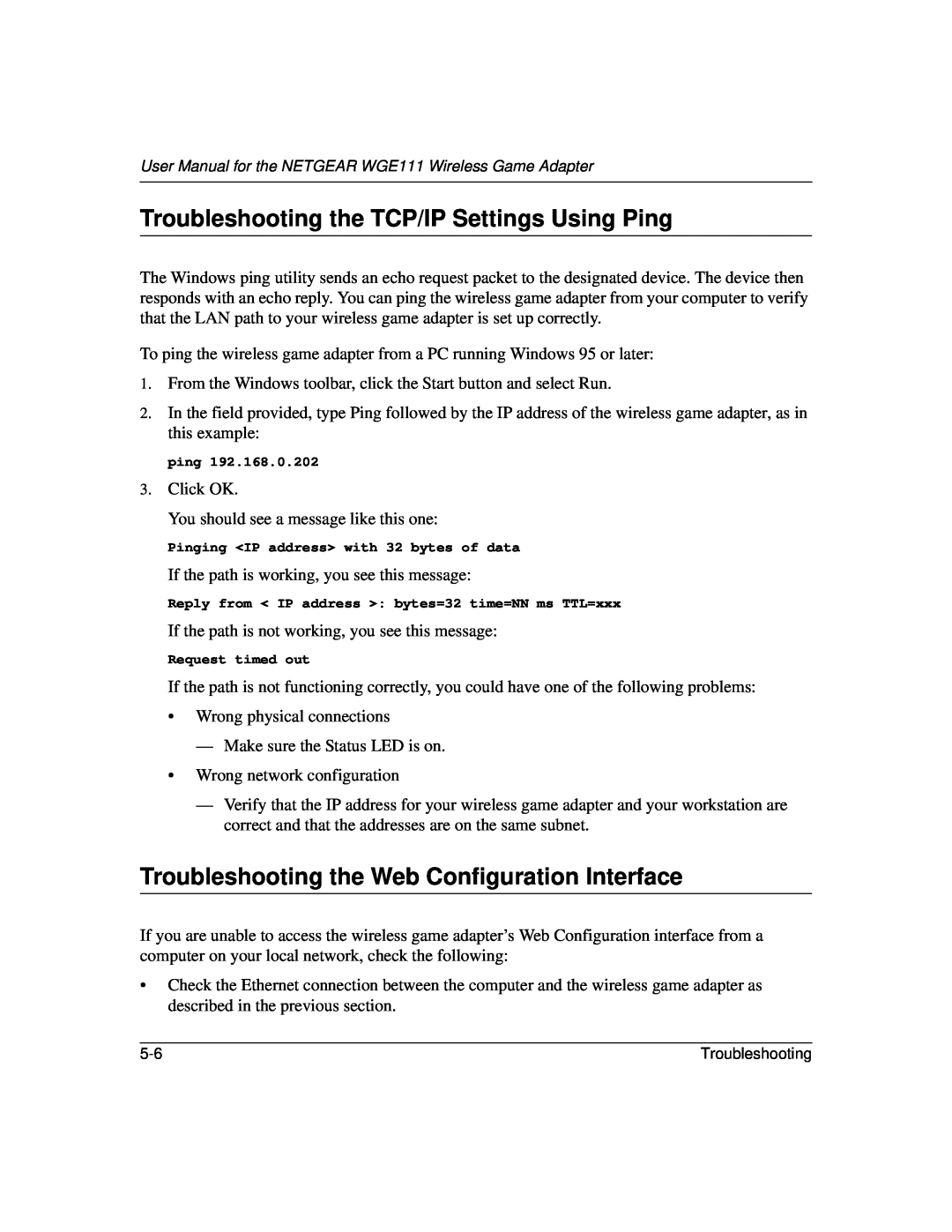NETGEAR WGE111 user manual Troubleshooting the TCP/IP Settings Using Ping, Troubleshooting the Web Configuration Interface 