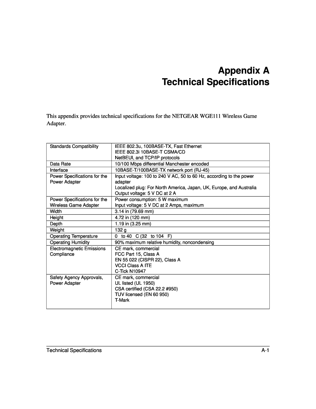 NETGEAR WGE111 user manual Appendix A Technical Specifications 