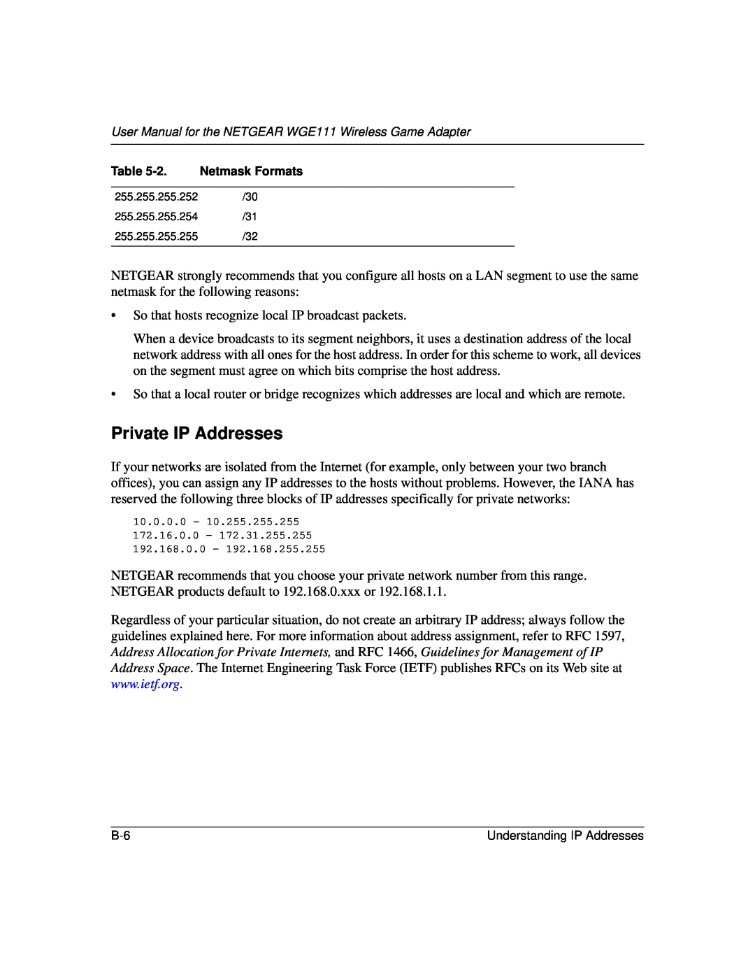 NETGEAR WGE111 user manual Private IP Addresses 