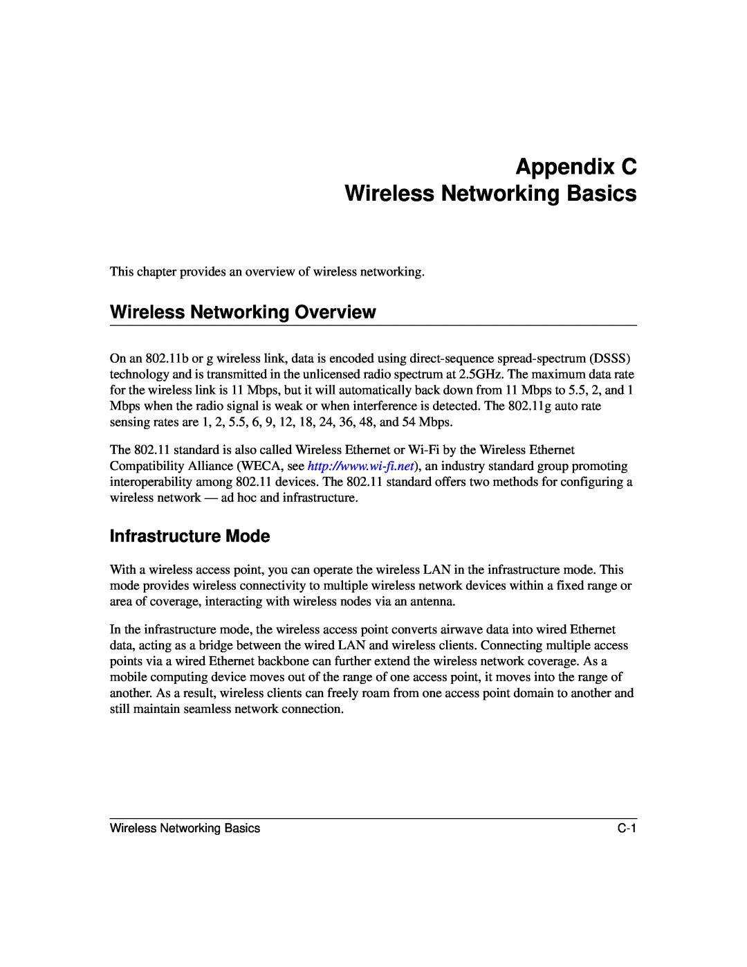 NETGEAR WGE111 user manual Appendix C Wireless Networking Basics, Wireless Networking Overview, Infrastructure Mode 