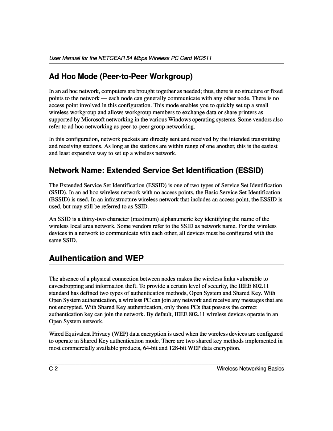 NETGEAR WGE111 user manual Authentication and WEP, Ad Hoc Mode Peer-to-Peer Workgroup 