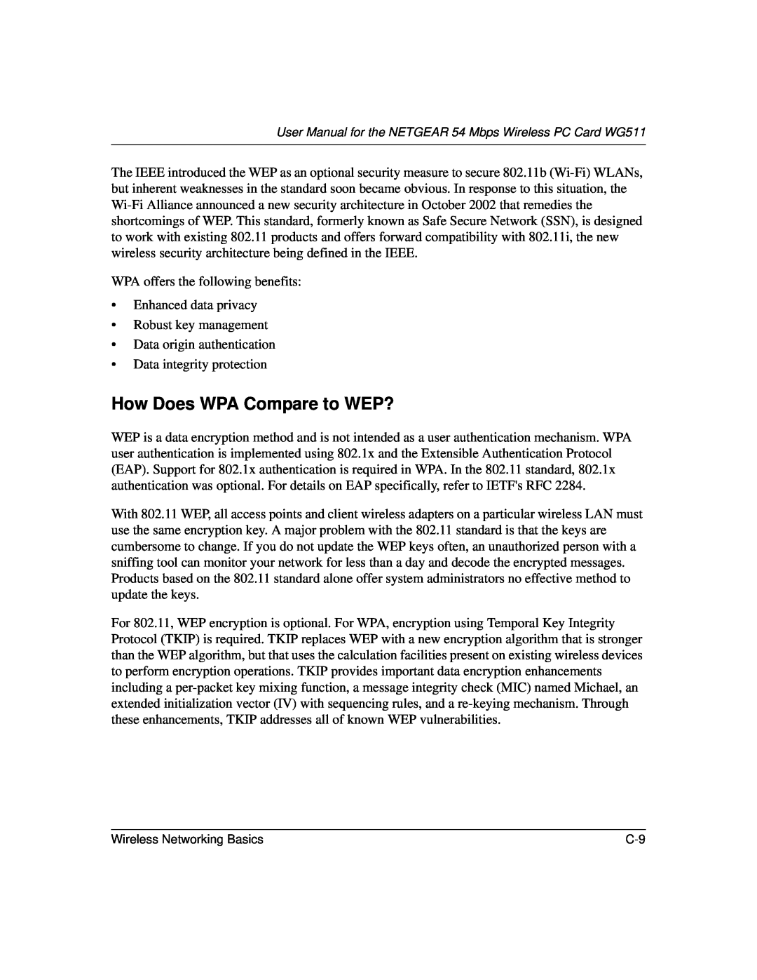 NETGEAR WGE111 user manual How Does WPA Compare to WEP? 