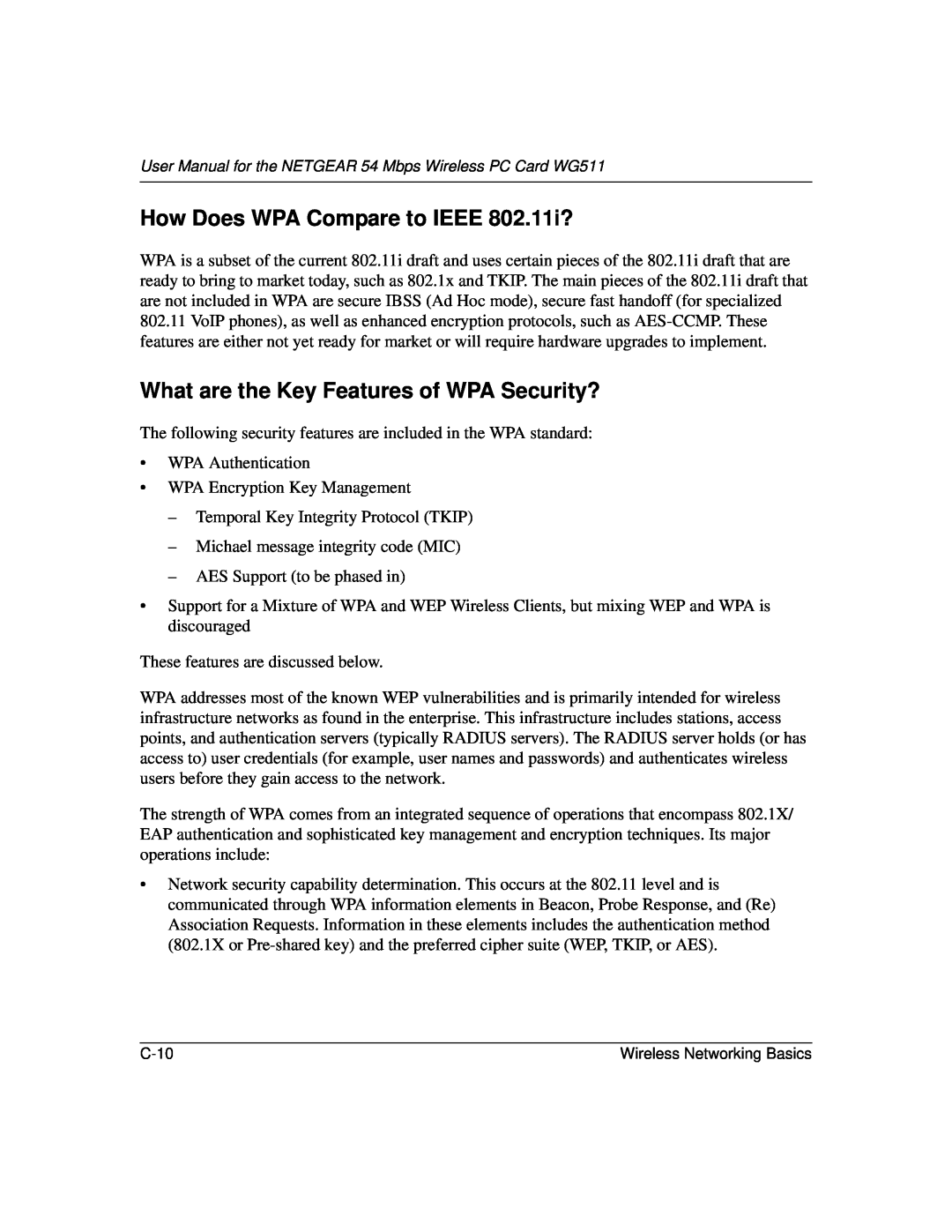 NETGEAR WGE111 user manual How Does WPA Compare to IEEE 802.11i?, What are the Key Features of WPA Security? 