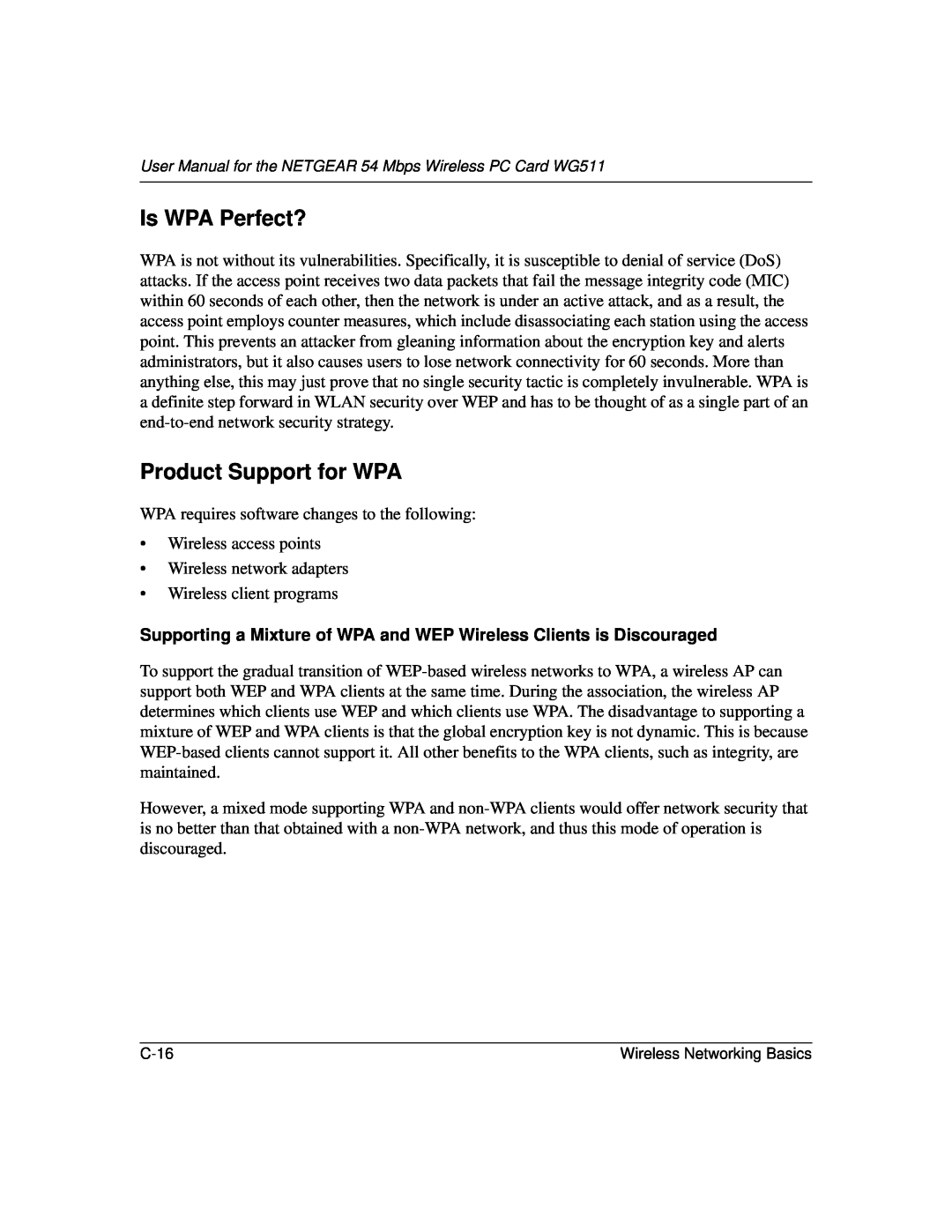 NETGEAR WGE111 user manual Is WPA Perfect?, Product Support for WPA 