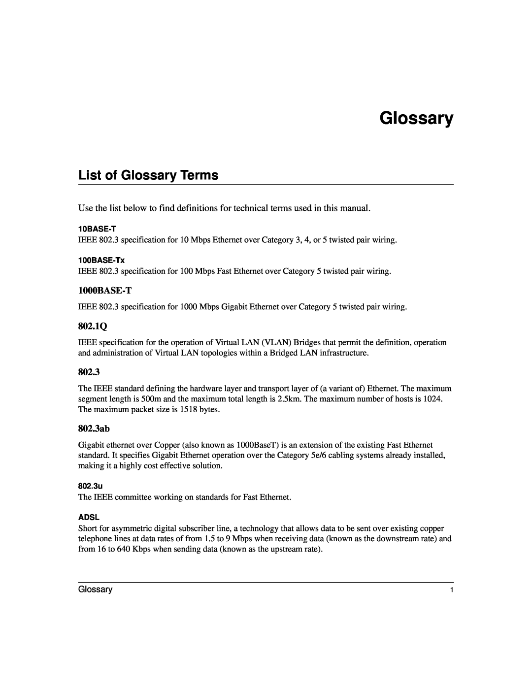 NETGEAR WGE111 user manual List of Glossary Terms, 1000BASE-T, 802.1Q, 802.3ab 