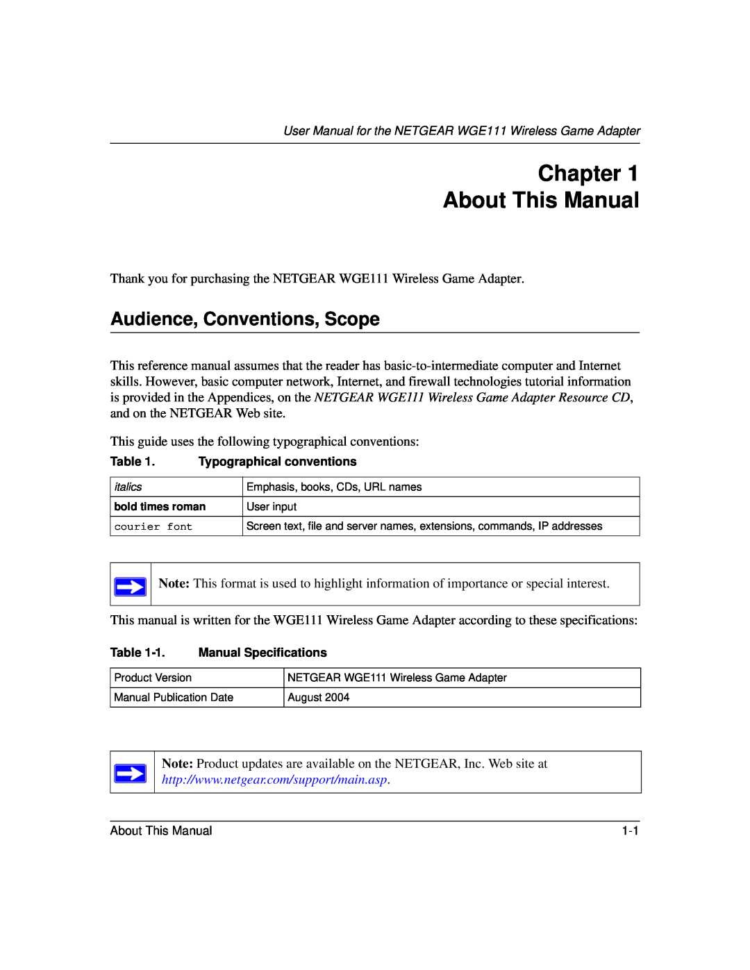 NETGEAR WGE111 user manual Chapter About This Manual, Audience, Conventions, Scope 
