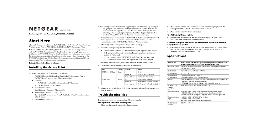 NETGEAR WGL102 specifications Installing the Access Point, Troubleshooting Tips, Specifications, Wlan lights are not lit 