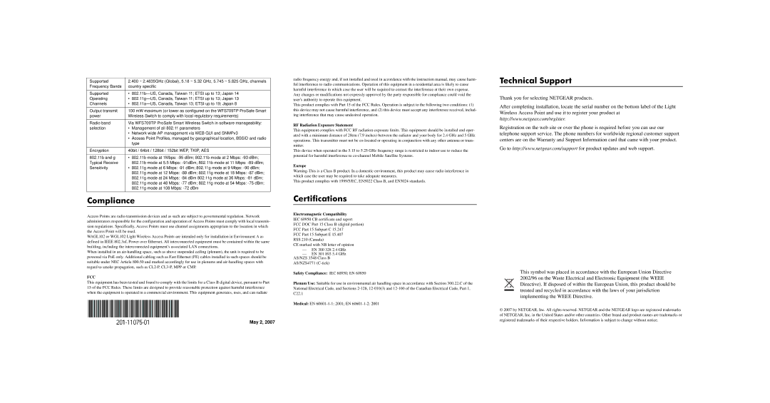 NETGEAR WGL102-100NAS, WAGL102-100NAS, GS116E-100NAS specifications Compliance, Certifications, Technical Support 