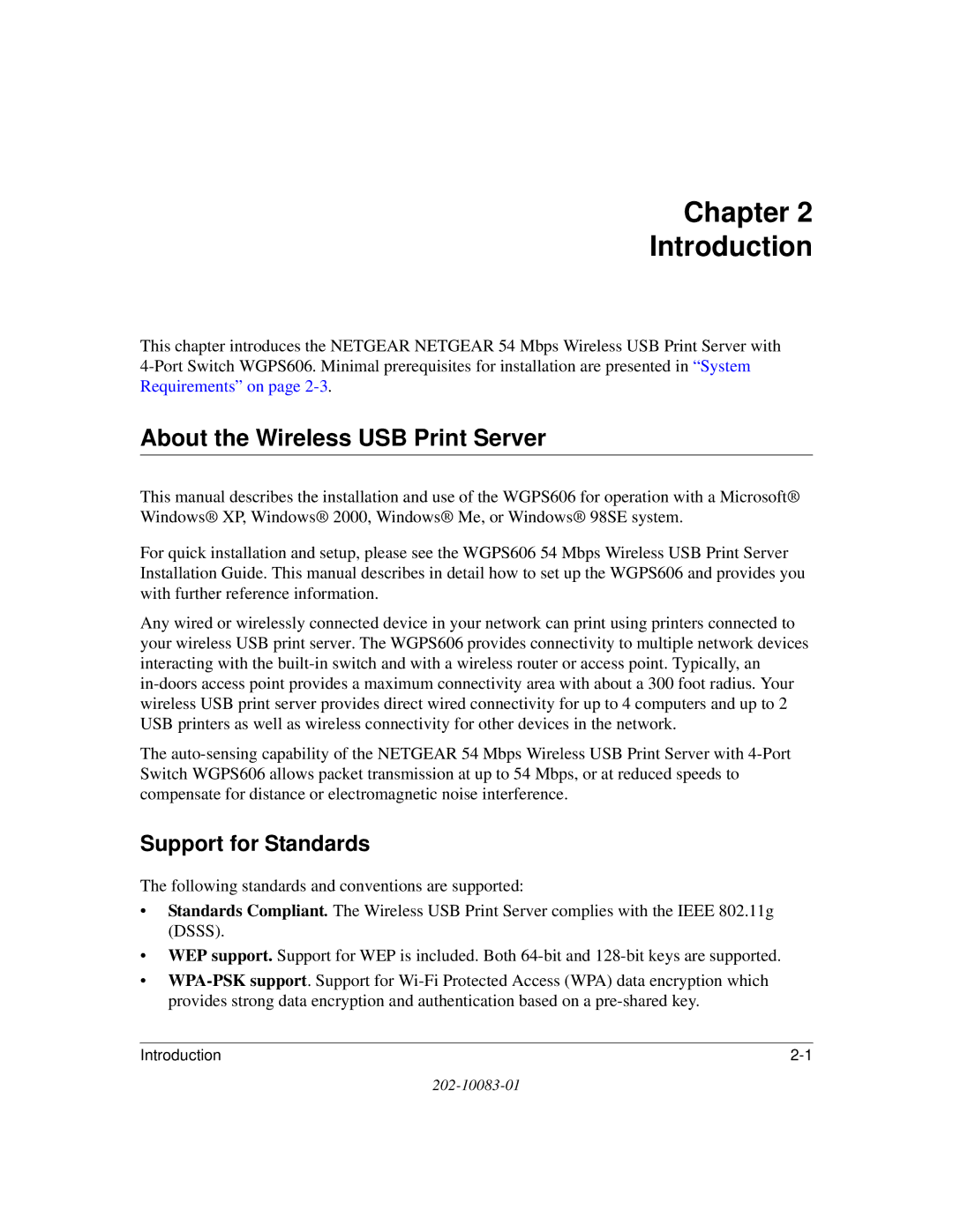 NETGEAR WGPS606 manual Chapter Introduction, About the Wireless USB Print Server, Support for Standards 