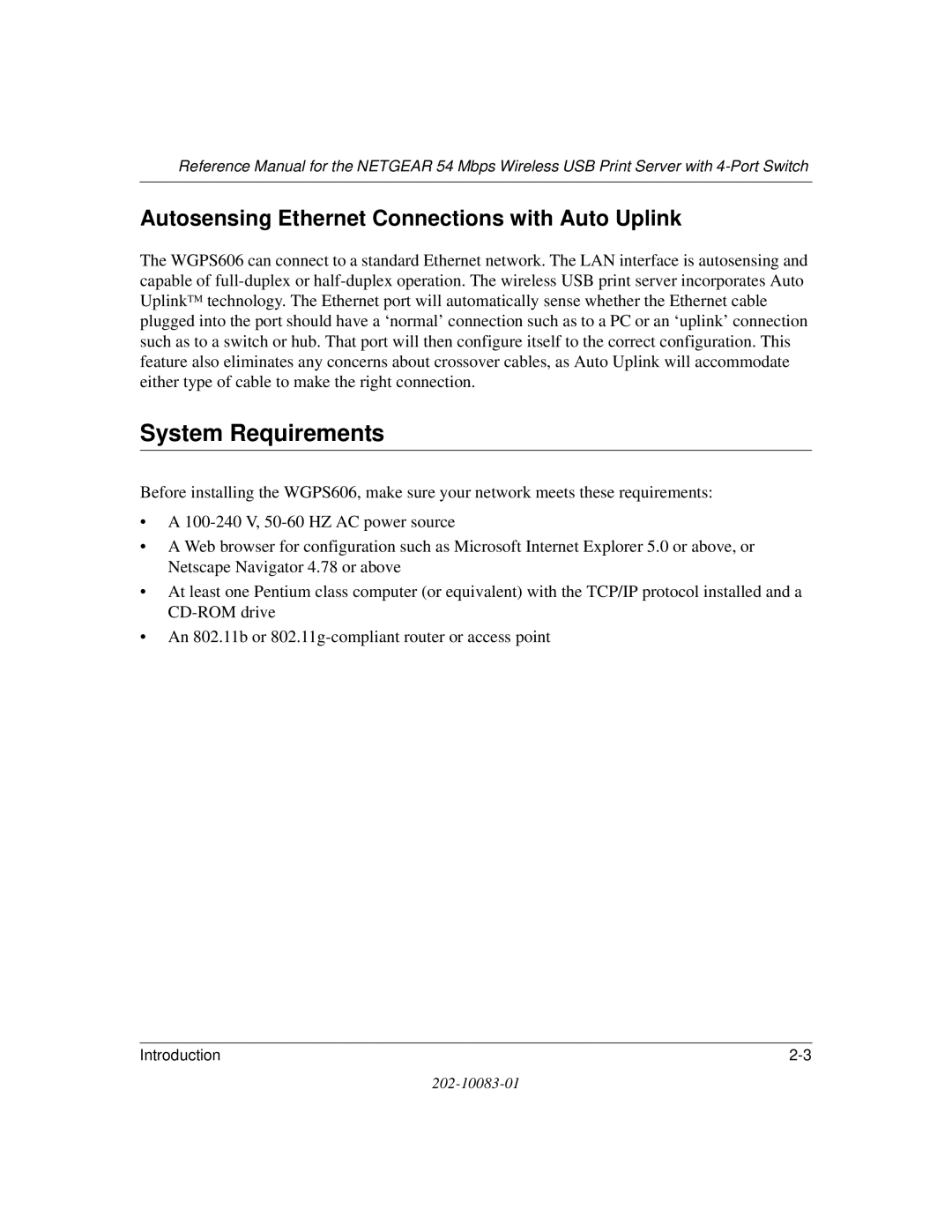 NETGEAR WGPS606 manual System Requirements, Autosensing Ethernet Connections with Auto Uplink 