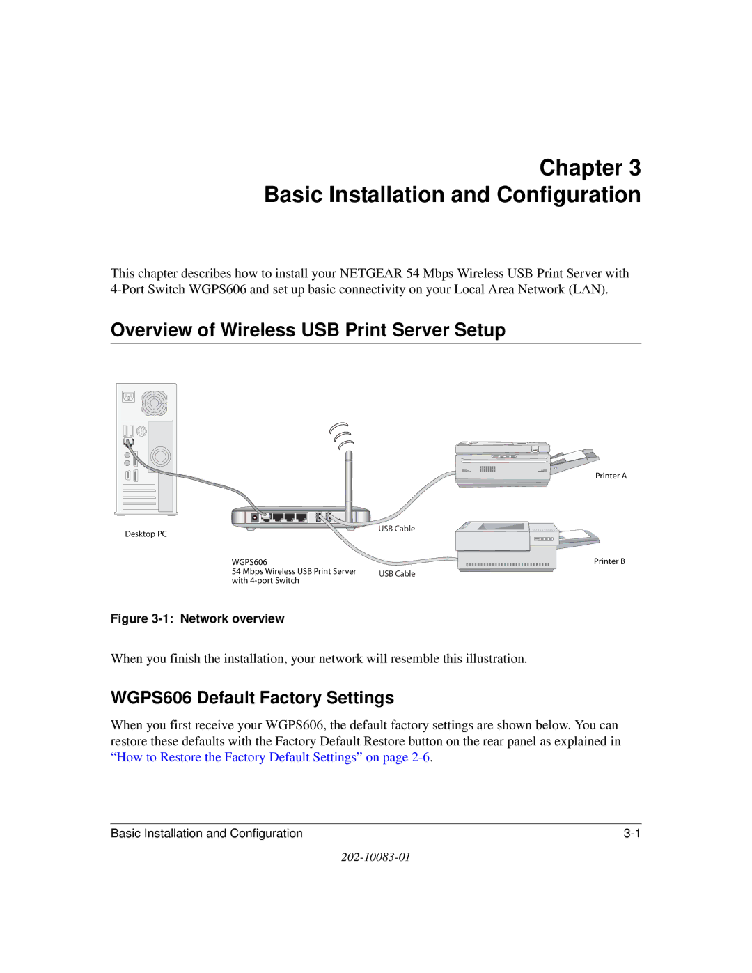 NETGEAR WGPS606 manual Chapter Basic Installation and Configuration, Overview of Wireless USB Print Server Setup 