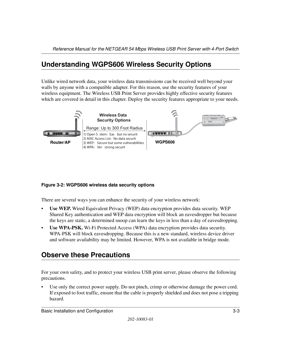 NETGEAR manual Understanding WGPS606 Wireless Security Options, Observe these Precautions 