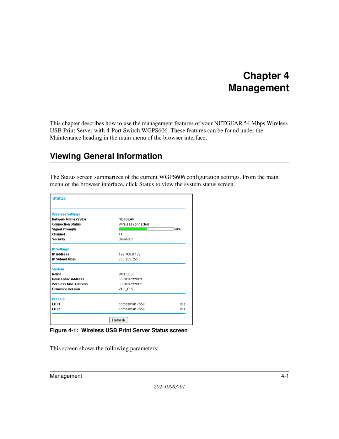 NETGEAR WGPS606 manual Chapter Management, Viewing General Information 