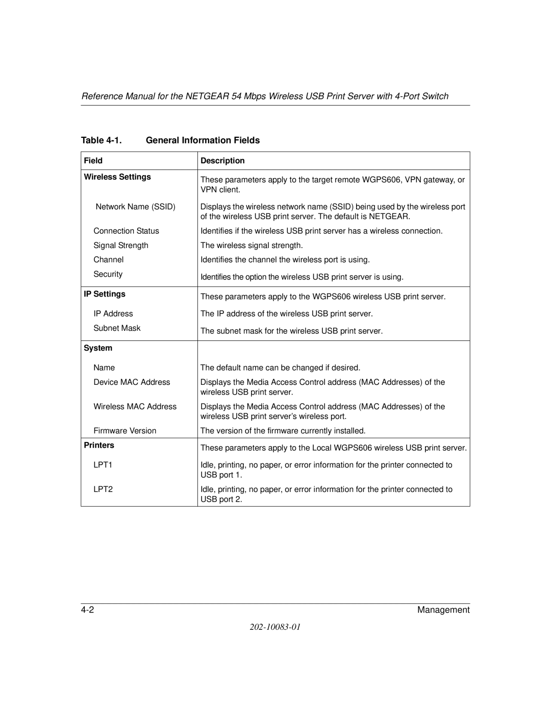 NETGEAR WGPS606 manual General Information Fields 