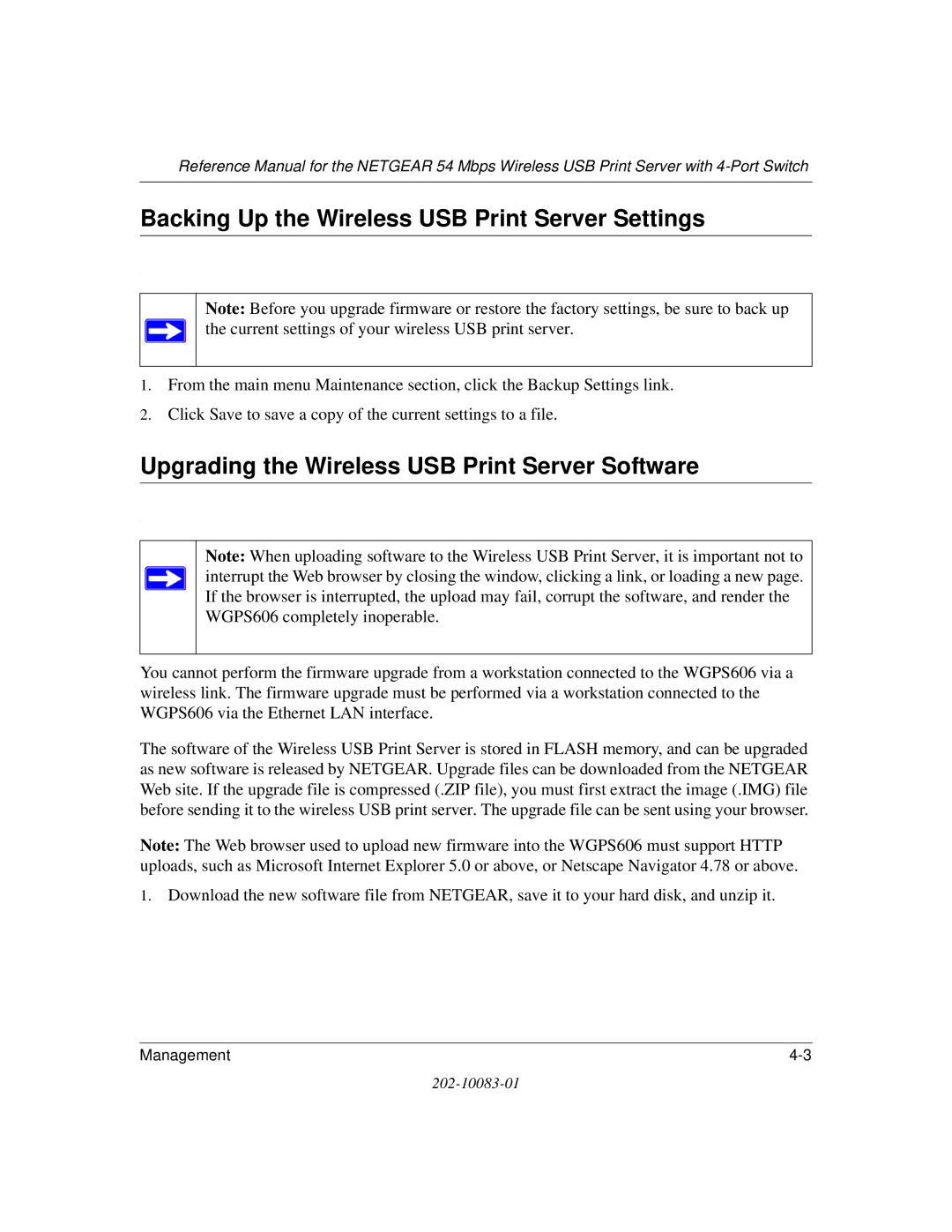 NETGEAR WGPS606 manual Backing Up the Wireless USB Print Server Settings, Upgrading the Wireless USB Print Server Software 