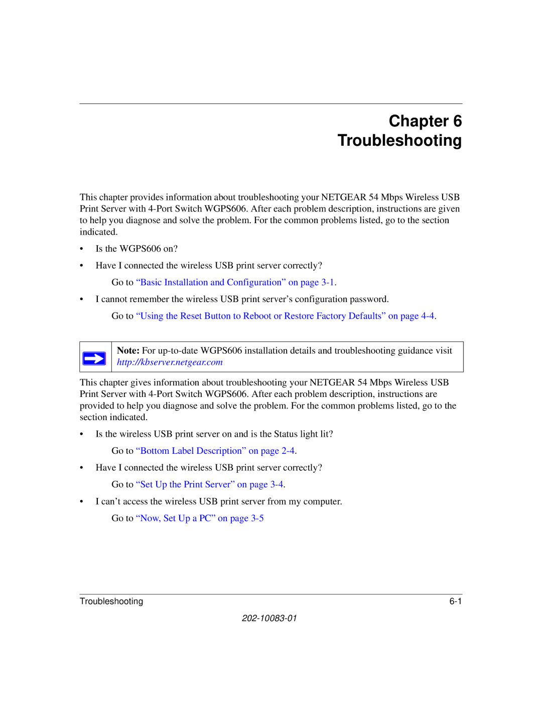 NETGEAR WGPS606 manual Chapter Troubleshooting 