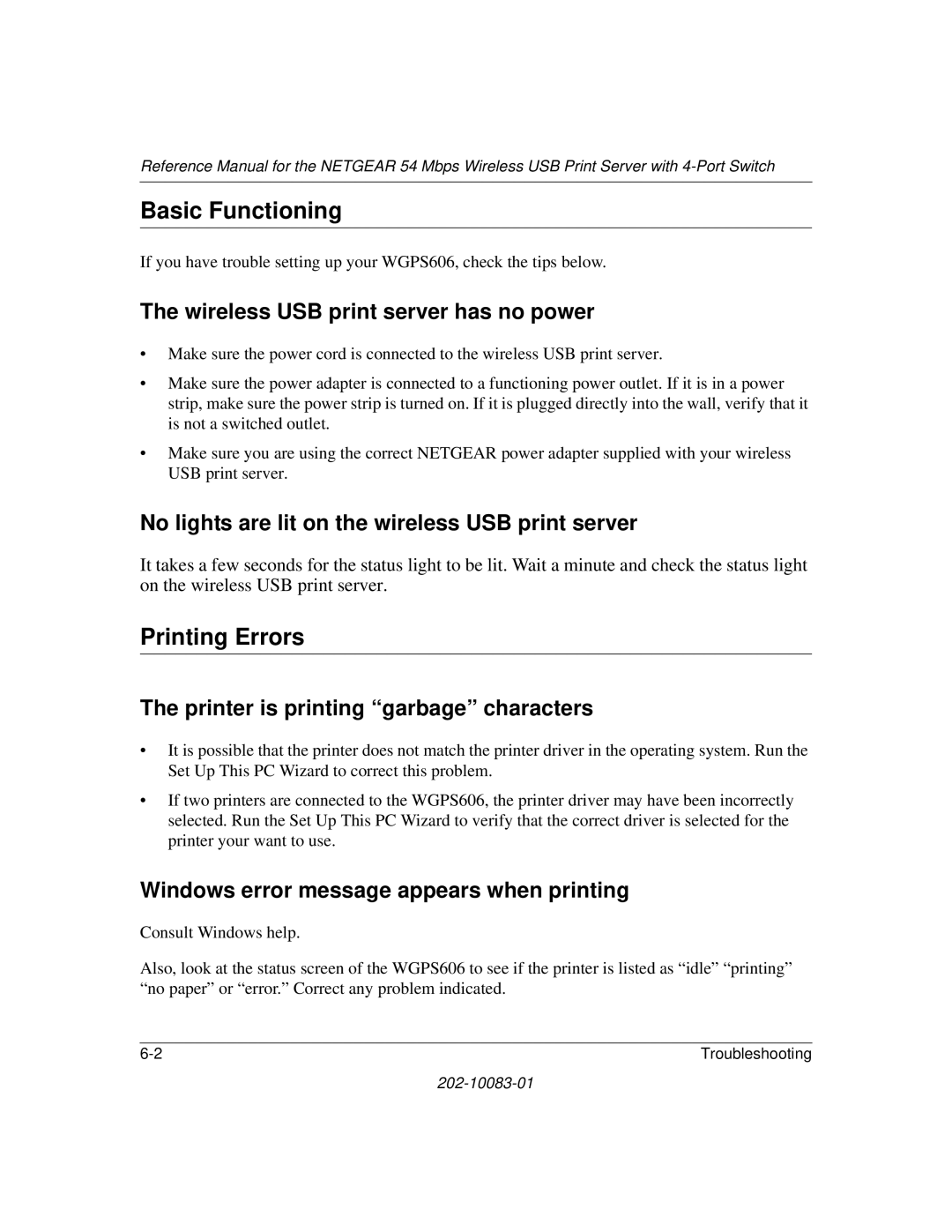 NETGEAR WGPS606 manual Basic Functioning, Printing Errors 