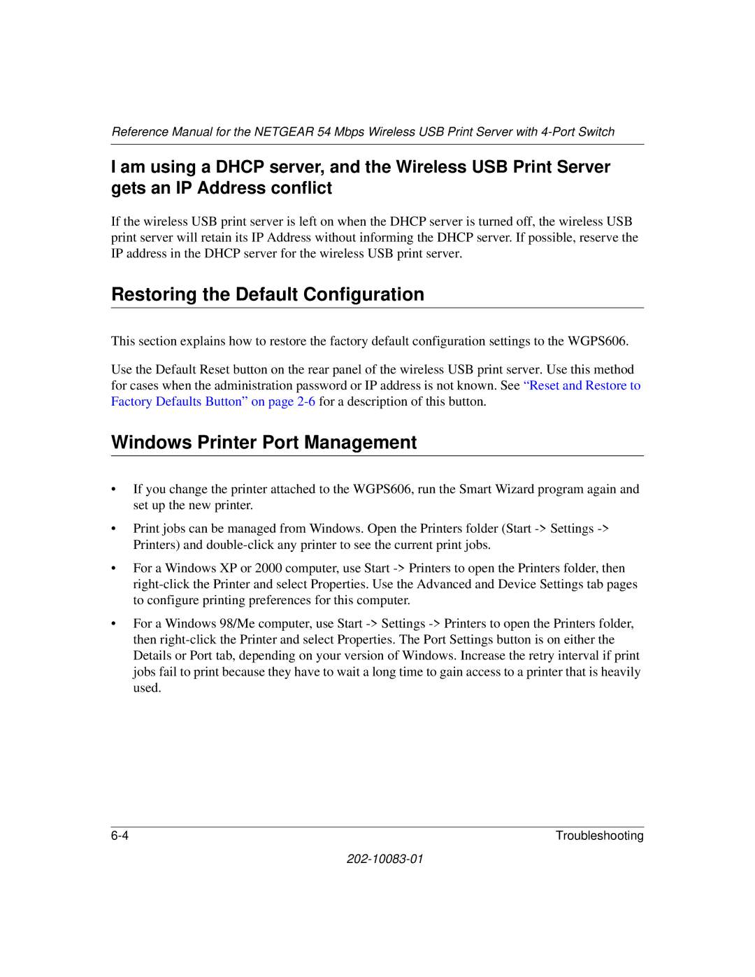 NETGEAR WGPS606 manual Restoring the Default Configuration, Windows Printer Port Management 