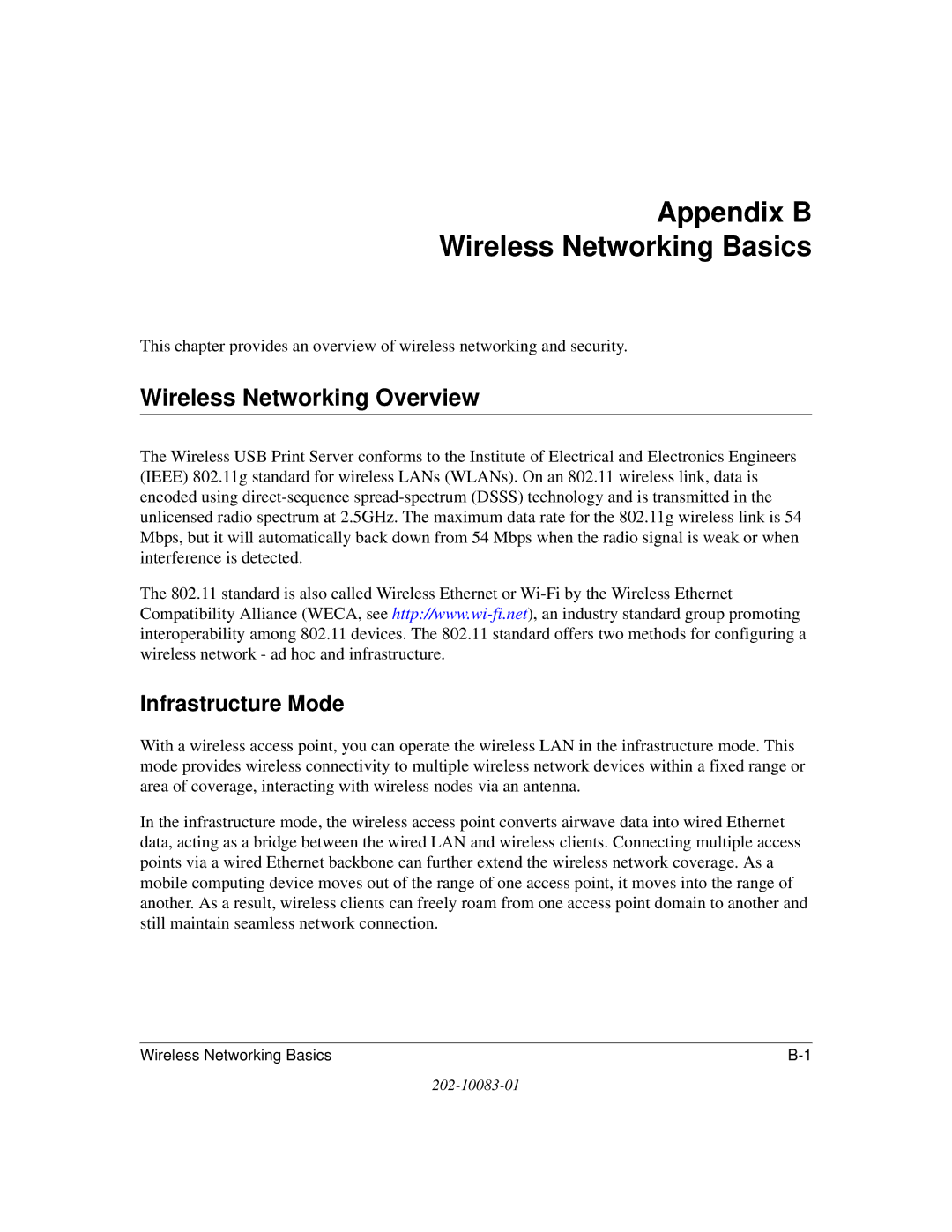 NETGEAR WGPS606 manual Appendix B Wireless Networking Basics, Wireless Networking Overview, Infrastructure Mode 